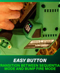 Close-up of Cordless 18V Brushless 15-Gauge Angled Finish Nailer Kit button, showing modes for sequential and bump fire in action.