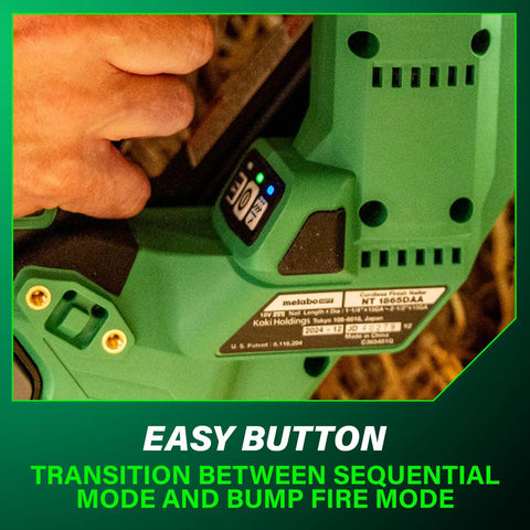 Close-up of Cordless 18V Brushless 15-Gauge Angled Finish Nailer Kit button, showing modes for sequential and bump fire in action.