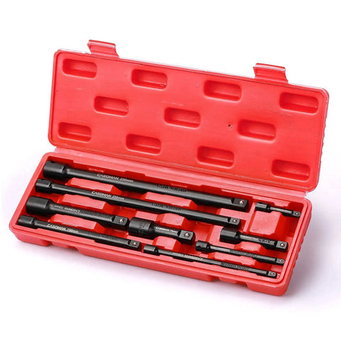 9 Piece Socket Extension Bar Set For 1/4, 3/8, And 1/2 Inch Drives In Red Case, Chrome Vanadium Steel, Black Phosphate Finish