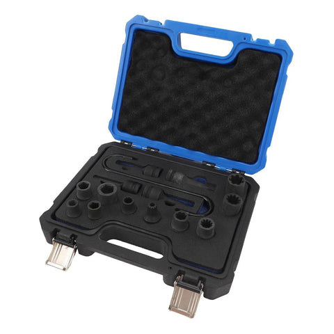Open blue case with black foam holding Top Tier Torvex 15 Piece Caliper Socket Set For German Cars Impact Brake Removal Tool Kit Essential Gear For Pro Mechanics And DIY Car Fixers