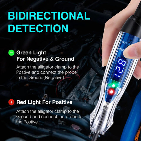 Rugged Automotive Test Light 3 to 60V DC Digital LED Circuit Tester With Anti Lost Needle Guard Protection For No Fuss Safe And Handy On The Go Diagnostics And Quick Fault Fixes. Bidirectional LED tester in hand for car battery circuit checks