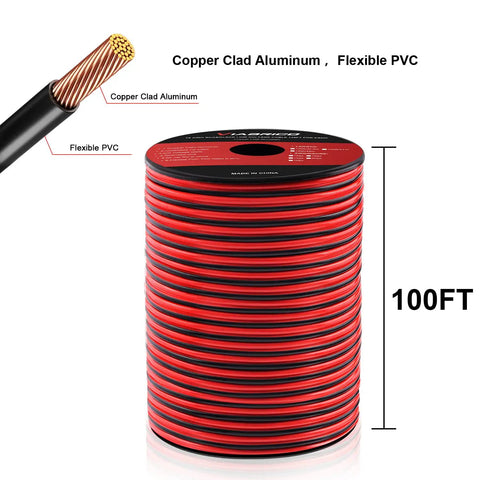 Hella Flexible 14Awg 100Ft Electrical Wire Cable Two Conductor Red And Black CCA Hookup Cord with PVC jacket on spool.