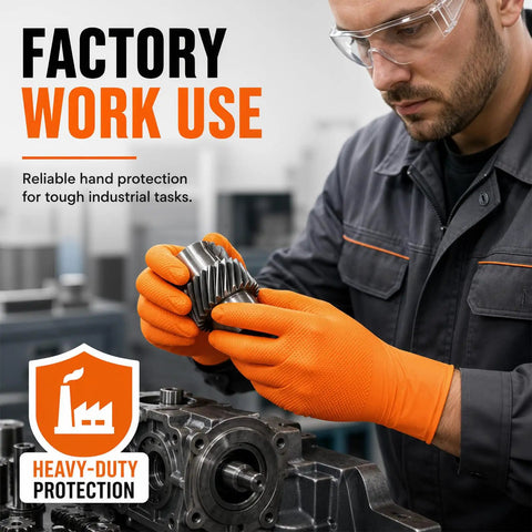 Worker using Rock Solid 8 Mil Orange Nitrile Work Gloves 100 Pack Medium Chemical Resistant Disposables for machinery repair.