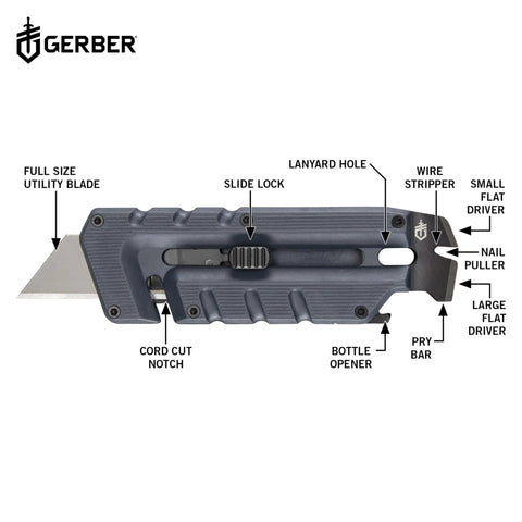 Gerber Prybrid blue multi-tool with pocket clip; blade, bottle opener and pry bar visible