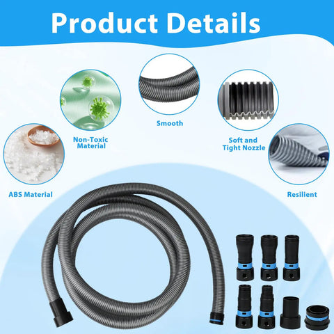 Workhorse 20 Foot Wet Dry Shop Vac Hose With 6 Adapters for Universal Dust Collection, smooth ABS material, multiple adapters shown.