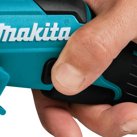 Detail of hand gripping the lock trigger on the Badass Compact 12V Max Lithium Ion Cordless Multi Cutter with blue finish.