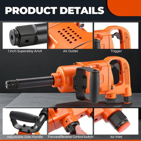 1 Inch High Torque Air Impact Wrench Dishing Out Maximum Beef With Up To 2580 Foot Pounds Of Loosening Power And A Lightning Quick 5000 Rpm Spindle crafted for tough tasks, featuring adjustable side handle and control switch.