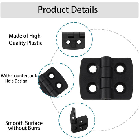 Plastic Cabinet Door Hinge 40x30mm Black Nylon Hinges With 8 Screws 2 Pack details including countersunk holes and smooth surface