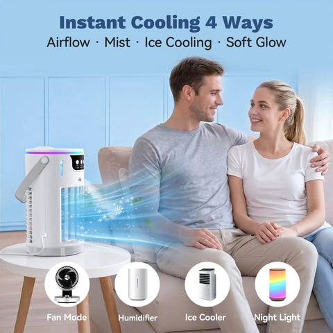 Couple enjoying Personal Mini Air Cooler With Ice Water Cold Mist, 4 In 1 Evaporative AC For Desk, Bedroom, Office, Car Or RV