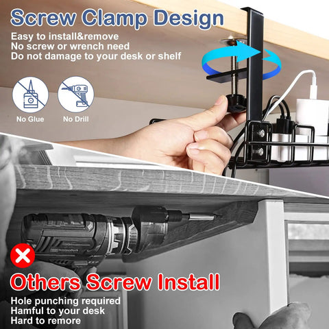 2 Pack No Drill Under Desk Cable Management Tray Set showing clamp rack installation on wooden desk