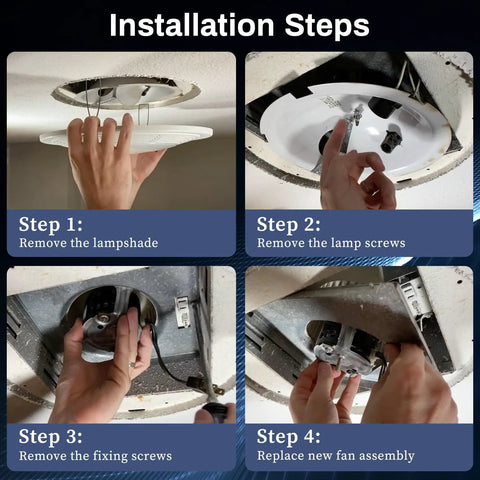 Installation steps for Replacement B Unit Motor Assembly for Broan NuTone 679RL And 769RF Vent Fans showing hands removing parts