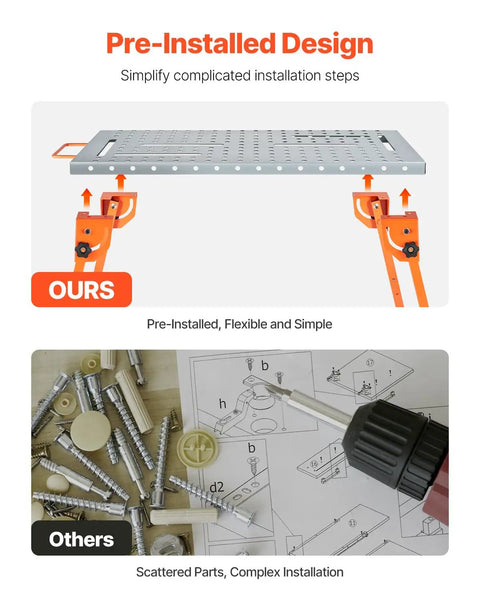Image comparing pre-installed design of Solid Gear Foldable Welding Table 44 X 21 Inch Carbon Steel Workbench with complex assembly instructions.