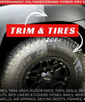 Turn Heads Rich Black Tire Shine And Trim Restorer With Ceramic Hybrid Shield applied on tire and trim for a glossy finish.