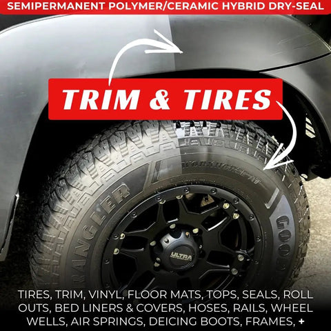 Turn Heads Rich Black Tire Shine And Trim Restorer With Ceramic Hybrid Shield applied on tire and trim for a glossy finish.