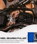 Heavy Duty Motorcycle Wheel Bearing Puller Kit Featuring 2 Jaw Mechanical Extractor Bearing Separator Tool Good For Bike Repair And Garage Fixes Built Like A Beast To Handle Stubborn Wheels Without Breaking A Sweat Or Spending More Than Necessary. blue steel kit in use on motorcycle engine