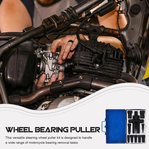 Heavy Duty Motorcycle Wheel Bearing Puller Kit Featuring 2 Jaw Mechanical Extractor Bearing Separator Tool Good For Bike Repair And Garage Fixes Built Like A Beast To Handle Stubborn Wheels Without Breaking A Sweat Or Spending More Than Necessary. blue steel kit in use on motorcycle engine