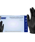 Premium Black Nitrile Gloves 4 Mil Thick Heavy Duty Puncture Resistant Disposable Work Gloves Food Safe Medium Case 100 shown in side view.