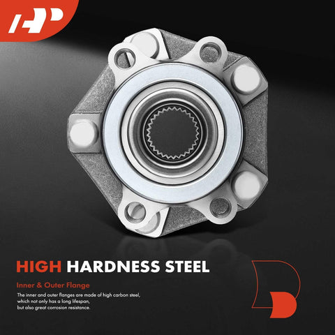Close-up of high hardness steel front wheel bearing and hub assembly with 5-lug for Nissan Sentra 2013 2019, Leaf 2013 2017.