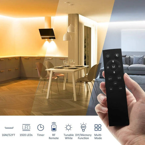 Hand holding remote in modern living room with 52.5ft 24V Dimmable Led Strip Lights Tunable White 3000K to 6000K