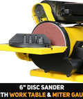 Beefy Three Quarter HP Belt And Disc Sander with 6x6 Inch Disc, miter gauge, and work table, yellow and black design