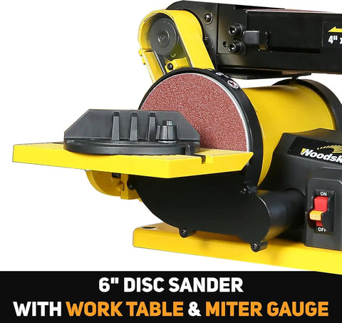 Beefy Three Quarter HP Belt And Disc Sander with 6x6 Inch Disc, miter gauge, and work table, yellow and black design