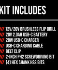 "Kit Includes: Compact Brushless Flip Drill Driver With Double Collet Flip Head Torque Settings Magnetic Onboard Storage"