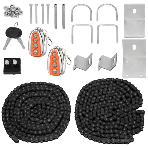 Heavy Duty Automatic Sliding Gate Opener Rigged With Two Remotes And 500W Silent Copper Motor For Driveways Up To 3100 Lbs parts including remotes, keys, chain, and installation hardware.