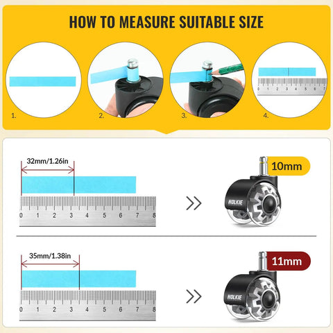 How to measure for Dead Quiet Two Inch Office Chair Casters Fit Ikea 1Kea Compatible sizes with rulers and blue tape