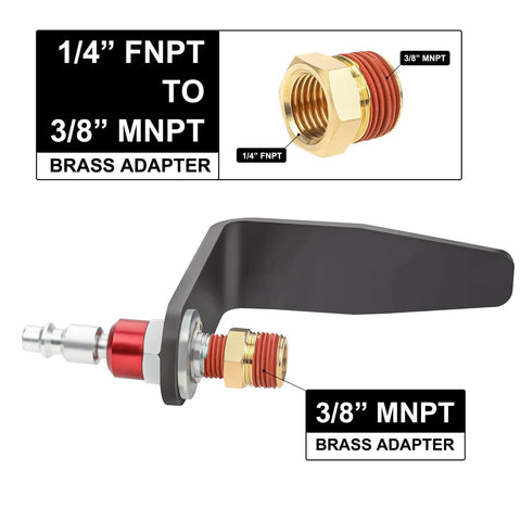 Four Inch L Shaped Pneumatic Tool Rafter Hook Hanger With One Quarter Inch Swivel Fittings Keeps Tools Off The Ground And Hands Free On The Jobsite For Nailer Hammer And Blow Gun With Adapter Two Pack. brass 1/4 FNPT to 3/8 MNPT adapter