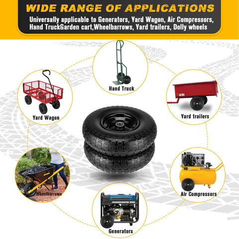 No Flat 4 To 6 Wheel And Tire Set with 13 inch wheels solid foam filled tires for wheelbarrows, garden carts, wagons, and dollies