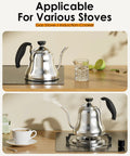 Gooseneck Pour Over Kettle With Flow Control For Stovetop Brew, Stainless Steel Teapot For Home And Kitchen, 28oz Small Water Kettle shown on induction and gas stove.