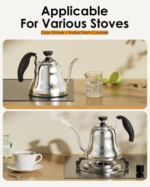 Gooseneck Pour Over Kettle With Flow Control For Stovetop Brew, Stainless Steel Teapot For Home And Kitchen, 28oz Small Water Kettle shown on induction and gas stove.
