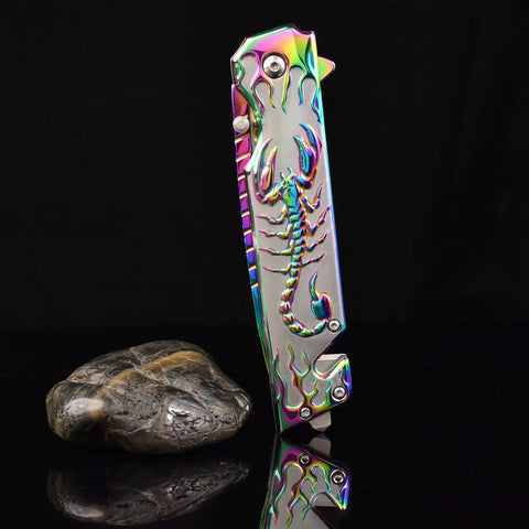 Folding Pocket Knife With 3D Titanium Plated Scorpion Handle Dope Rainbow Finish 3.6 Inch Razor Sharp Blade In 440 Stainless Steel EDC