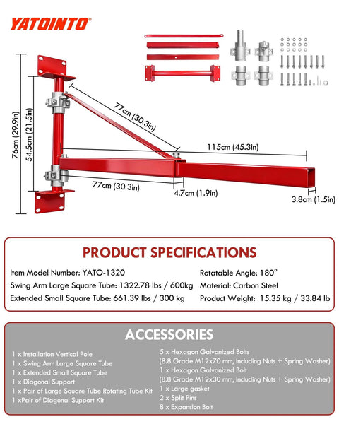 Wall Mount Jib Crane With 1320 Lbs Max Load 180 Degree Swivel Swing Arm Heavy Duty Electric Hoist Support For Workshop with dimensions