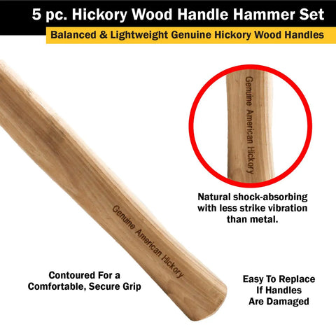 5-Piece Hammer Set With American Hickory Handles showing close-up of genuine hickory handle highlighting durability