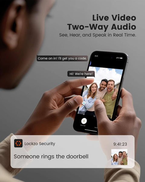 Person using smartphone for video chat on All In One Dope Smart Door Lock With Camera And Video Doorbell, 3 in 1 WiFi Keyless System