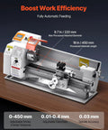 VEVOR Precision Benchtop Metal Lathe 8.7 X 18 In, Automatic Feed, 0-2500 RPM Variable Speed, 1250W Brushless Motor with feeding details.