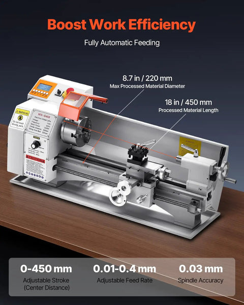 VEVOR Precision Benchtop Metal Lathe 8.7 X 18 In, Automatic Feed, 0-2500 RPM Variable Speed, 1250W Brushless Motor with feeding details.