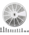 All In One Stainless Steel Screw And Nut Kit With 600 Pieces For Watch Repair Eyeglasses And Electronics M1 M1.2 M1.4 And M1.6 Fasteners Handy For DIYers And Pros In A Plastic Storage Box, top view.