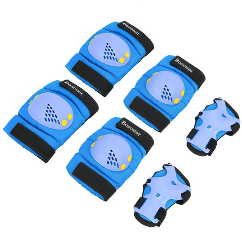 Kids Protective Gear Set With Knee Pads, Elbow Pads, And Wrist Guards shown in blue, suitable for ages 3 to 15, for various activities.