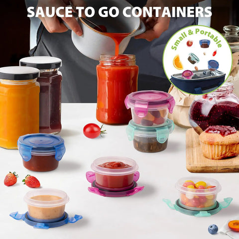 6 Pack 2.7 Oz Condiment Containers With Leakproof Lids, filled with sauces and snacks, arranged on a kitchen counter