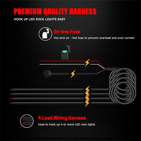 4 Lead LED Rock Light Wiring Harness Kit With 2 Extension Wires Relay Fuse And Switch For Offroad Pods And Work Lights
