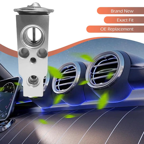 Car AC Expansion Valve Built Tough With Metallic Anti Wear Durability Precise Refrigerant Flow For Consistent Cooling Auto AC Replacement Part Compatible With Jaguar Land Rover Lexus Toyota Camry Silver displayed with car air vents.