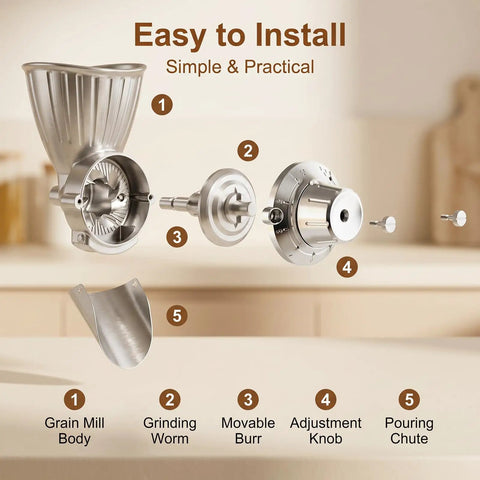 Exploded view of Grain Mill Attachment For KitchenAid Stand Mixer With Nine Grind Levels For Fresh Flour From Wheat Corn Oats Millet