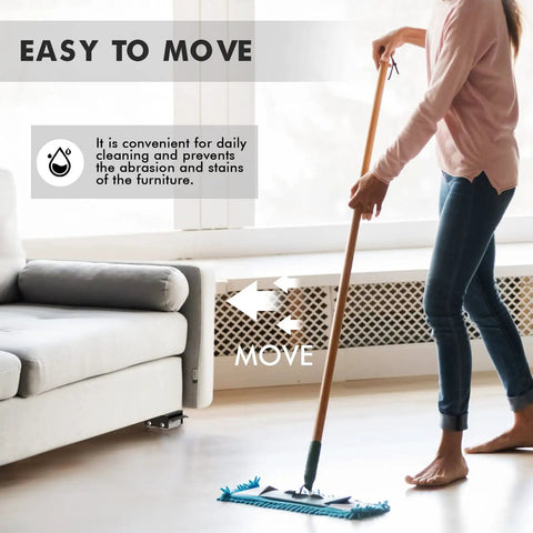 Person using mop next to extendable furniture dolly in living room, highlighting cleaning ease with Extendable Furniture Dolly With Telescoping Base.