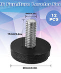 Image of M6 Furniture Leveler Feet with measurements, part of the 12 Pack Adjustable Furniture Leveling Feet For Tables Chairs Cabinets And Desks Heavy Duty Screw On Levelers To Kill Wobble Fits M6 Wood Legs Easy Dresser Bar Stool Desk Setup And Other Furniture.