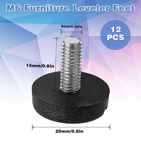 Image of M6 Furniture Leveler Feet with measurements, part of the 12 Pack Adjustable Furniture Leveling Feet For Tables Chairs Cabinets And Desks Heavy Duty Screw On Levelers To Kill Wobble Fits M6 Wood Legs Easy Dresser Bar Stool Desk Setup And Other Furniture.