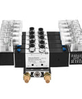 5 Way 3 Position Pneumatic Solenoid Valve Kit Plug And Play With 24V DC Coil For PT One Quarter Ports Internally Piloted 6mm Inlet Outlet 8mm Base Fittings Muffler Quick Fittings Set Manifold Base CE Certified 0.15 To 0.8 MPa, front view showing connectors and fittings