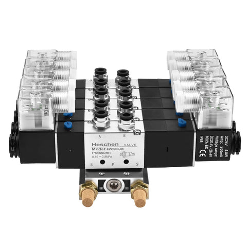 5 Way 3 Position Pneumatic Solenoid Valve Kit Plug And Play With 24V DC Coil For PT One Quarter Ports Internally Piloted 6mm Inlet Outlet 8mm Base Fittings Muffler Quick Fittings Set Manifold Base CE Certified 0.15 To 0.8 MPa, front view showing connectors and fittings