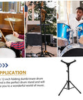 Heavy Duty Adjustable Snare Drum Rack In Matte Black With Telescopic Height Settings And Foldable Portability For Local Jam Nights Or No Sweat Travel Setup in use with drums on stage.